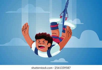 Man bungee jumping off a cliff, capturing the thrill and excitement of extreme outdoor adventure sports, Vector, Illustration