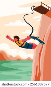 Man bungee jumping off a Cliff, capturing the thrill and excitement of extreme outdoor adventure sports, Vector, Illustration