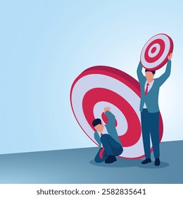 A man is burdened with a big target while another has a small target. Illustration for privilege, difference and injustice.