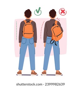 El Hombre, Encargado De Una Mochila, Muestra Posturas Inapropiadas Y Adecuadas. En Uno, Lleva Bolsa en un hombro, Mientras Que En El Otro, Se Mantiene En Peligro Con Una Distribución Equilibrada De Peso. Ilustración vectorial