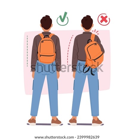 Man, Burdened By A Backpack, Displays Improper And Proper Postures. In One, He Carries Bag on One Shoulder, While In The Other, He Stands Upright With Balanced Weight Distribution. Vector Illustration