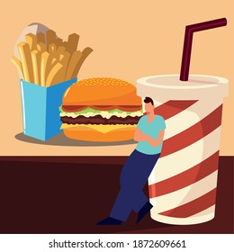 man with burger french fries and takeaway soda, food vector illustration