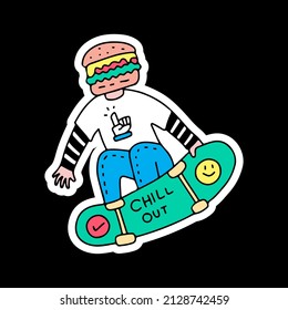 Man with burger head freestyle with skateboard, illustration for t-shirt, sticker, or apparel merchandise. With doodle, retro, and cartoon style.