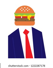 Man with a burger as a head. Vector illustration of burger person. You are what you eat. Food Eating Concept