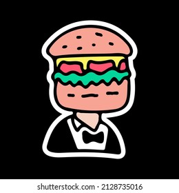 Man with burger head wearing tuxedo, illustration for t-shirt, sticker, or apparel merchandise. With doodle, retro, and cartoon style.