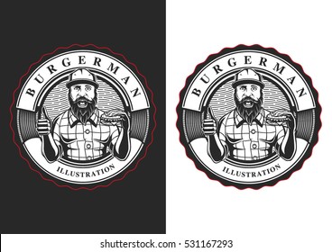 Man with burger . Vintage fast food emblem