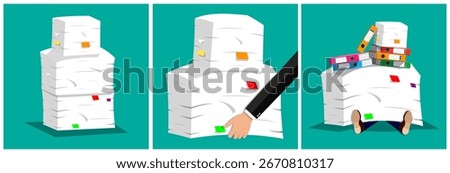 Man buried under a pile of many document paper, overloaded with ring binders. Concept of busy office worker and bureaucracy.