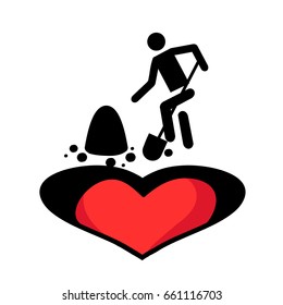 Man buries the heart. Vector illustration. Icon in style of flat. Image of unrequited love.