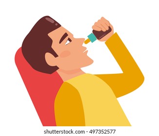 Man buries nose drops. Common cold, flu, rhinitis, coryza, runny nose, catarrh. Vector illustration. Cartoon character. Isolated. Flat