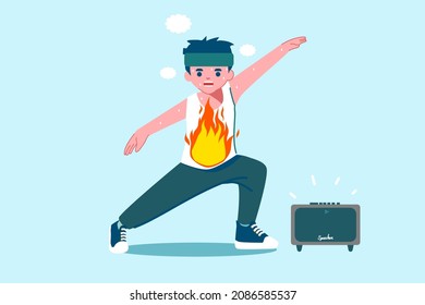 A Man Is Burning  The Calories With Aerobic Exercise. Illustration Of A Man With Dancing Activities To Burn On The Food With Music From The Speaker. Flat Cartoon For Healthcare And Fat Off Campaign.