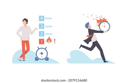 Man with Burning Clock Dial Failing Handling Deadline and Timeline Vector Set