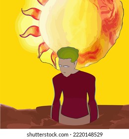 Man burning in hell. Ilustration Vector Cartoon Drawing
