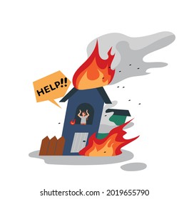 A man in a burning house is calling for help. flat design style minimal vector illustration.