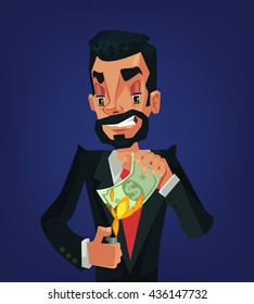 Man burning money. Wealthy businessman. Money in fire. Man millionaire. Vector flat cartoon illustration