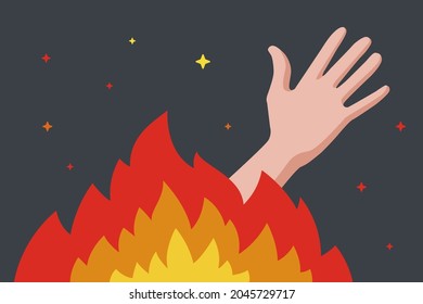 man burns in a fire. ask for help. flat vector illustration
