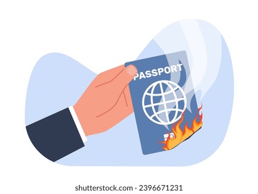 Man burns his passport to protest government action. ID in fire, personal document. Activist demonstration. Citizen rights. Documentation for identification. Cartoon flat vector concept