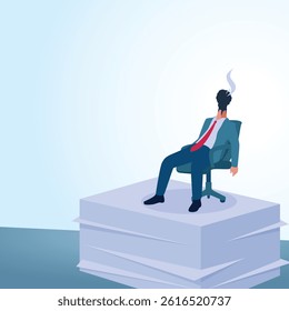 A man with a burnt match head sitting on a pile of papers. A metaphorical illustration for burnout, stress and work fatigue.