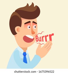 Man burping. A man covers his hand his open mouth, belching after eating. Vector illustration, flat design, cartoon style, isolated background.