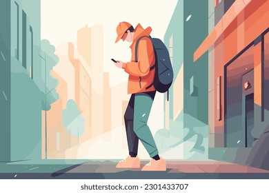 Hombre enterrado en smartphone caminando por la calle, ilustración plana