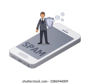 Man in busimess suit with a shield protecting smartphone from spam and unwanted mail. Concept isometric vector illustration. Isolated on white background.