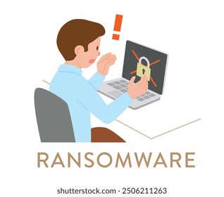 Man in business attire found that his notebook computer is infected with randomware cyber attack