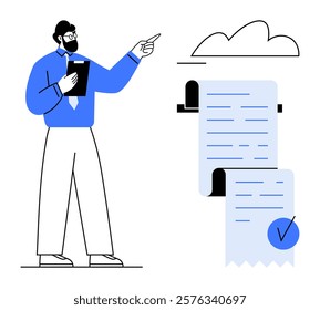 A man in business attire points towards a scroll-like document with checkmarks. Ideal for business, documentation, management, organization, and auditing themes. Simple lines, flat design