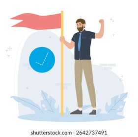 A man in business casual attire holding a red flag and raising a fist in celebration, flat graphic style, on a light background with leaves and checkmark symbol. Vector illustration