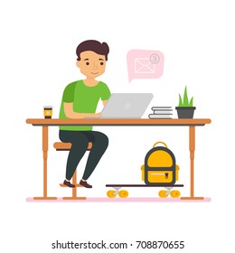 Man business character working for computer and get a letter on white background. work a home. Vector ILlustration