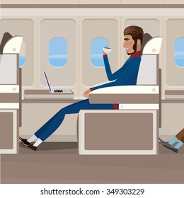 Man in business class drinking coffee and looking at a laptop - comfort and luxury concept. Vector illustration