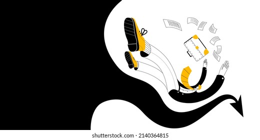 A man in business clothes with a briefcase falls among the documents. Vector two-color illustration on the topic of failure and crisis in business. Horizontal banner template.