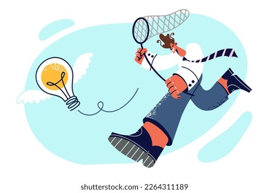 Man in business clothes with butterfly net runs after light bulb with wings, symbolizing search for new ideas. Search non-standard ideas for business and entrepreneurial imagination concept 