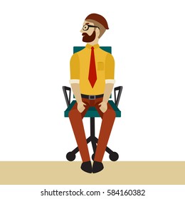 Man in business clothes is doing exercises for back on the office chair. Businessman in healthy twist head pose. Vector flat illustration.