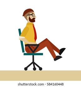 Man in business clothes is doing exercises for back on the office chair. Businessman in healthy strengthening legs pose. Vector flat illustration.