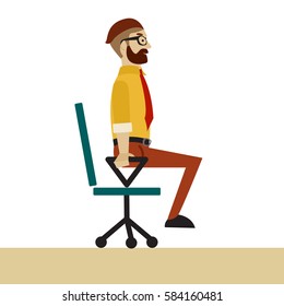 Man in business clothes is doing exercises for back on the office chair. Businessman in healthy strengthening of arm balance pose. Vector flat  illustration.