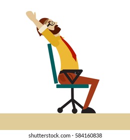 Man in business clothes is doing exercises for back on the office chair. Businessman in healthy backbend pose. Vector flat illustration.