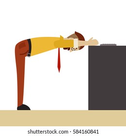 Man in business clothes is doing exercises for back on the office chair. Businessman in healthy forward bend pose. Vector flat illustration.