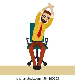 Man in business clothes is doing exercises for back on the office chair. Businessman in healthy tilt arm and body to the side pose. Vector flat illustration.