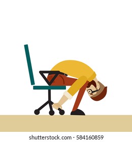 Man in business clothes is doing exercises for back on the office chair. Businessman in healthy forward bend pose. Vector flat illustration.