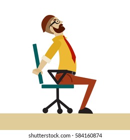 Man in business clothes is doing exercises for back on the office chair. Businessman in healthy backbend pose. Vector flat illustration.