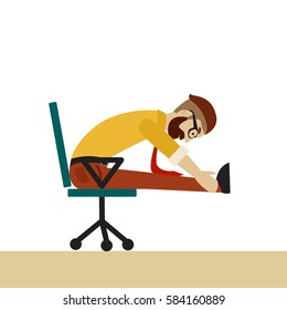 Man in business clothes is doing exercises for back on the office chair. Businessman in healthy forward bend pose. Vector flat  illustration.