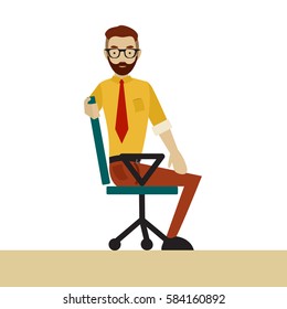 Man in business clothes is doing exercises for back on the office chair. Businessman in healthy twist pose. Vector flat illustration.