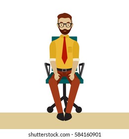 Man in business clothes is doing exercises for back on the office chair. Businessman in healthy pose with straight back. Vector flat illustration.