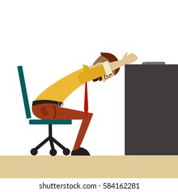 Man in business clothes is doing exercises for back on the office chair. Businessman in healthy forward bend pose. Vector flat illustration.