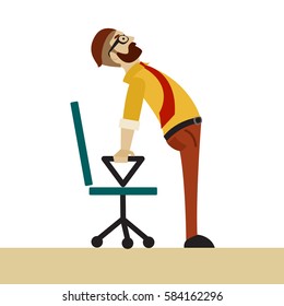 Man in business clothes is doing exercises for back on the office chair. Businessman in healthy backbend pose. Vector flat  illustration.