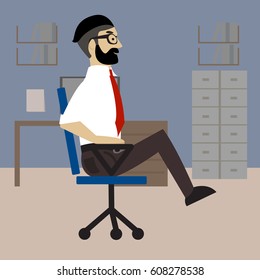 Man in business clothes is doing exercises for back on the office chair. Businessman in healthy strengthening legs pose. Vector flat illustration.