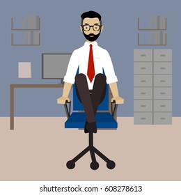 Man in business clothes is doing exercises for back on the office chair. Businessman in healthy strengthening of arm balance pose. Vector flat illustration.
