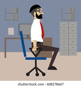 Man in business clothes is doing exercises for back on the office chair. Businessman in healthy strengthening of arm balance pose. Vector flat  illustration.