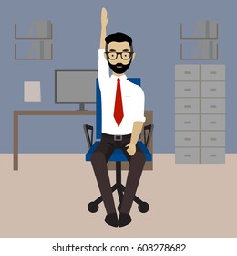 Man in business clothes is doing exercises for back on the office chair. Businessman in healthy hands up pose. Vector flat illustration.