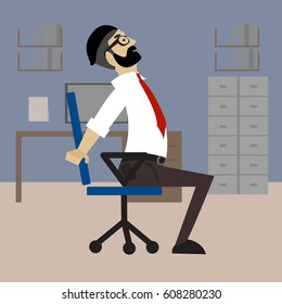 Man in business clothes is doing exercises for back on the office chair. Businessman in healthy backbend pose. Vector flat illustration.