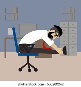 Man in business clothes is doing exercises for back on the office chair. Businessman in healthy forward bend pose. Vector flat  illustration.